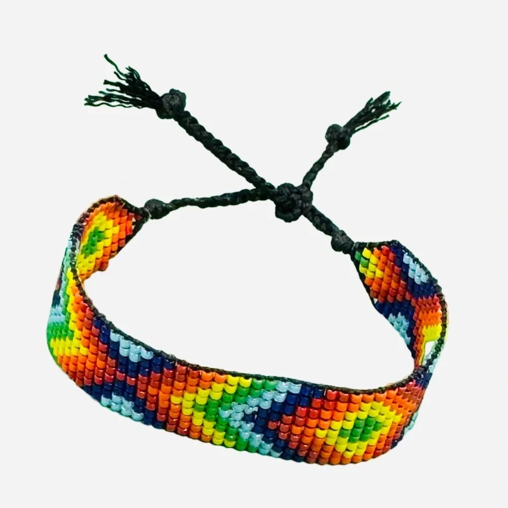 Handwoven handcrafted geometric colorful seed bead tie-on bracelet